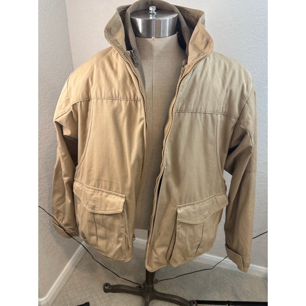 Hooded Field Jacket Fleece Lined Quilted Shoulders Tan Size Large